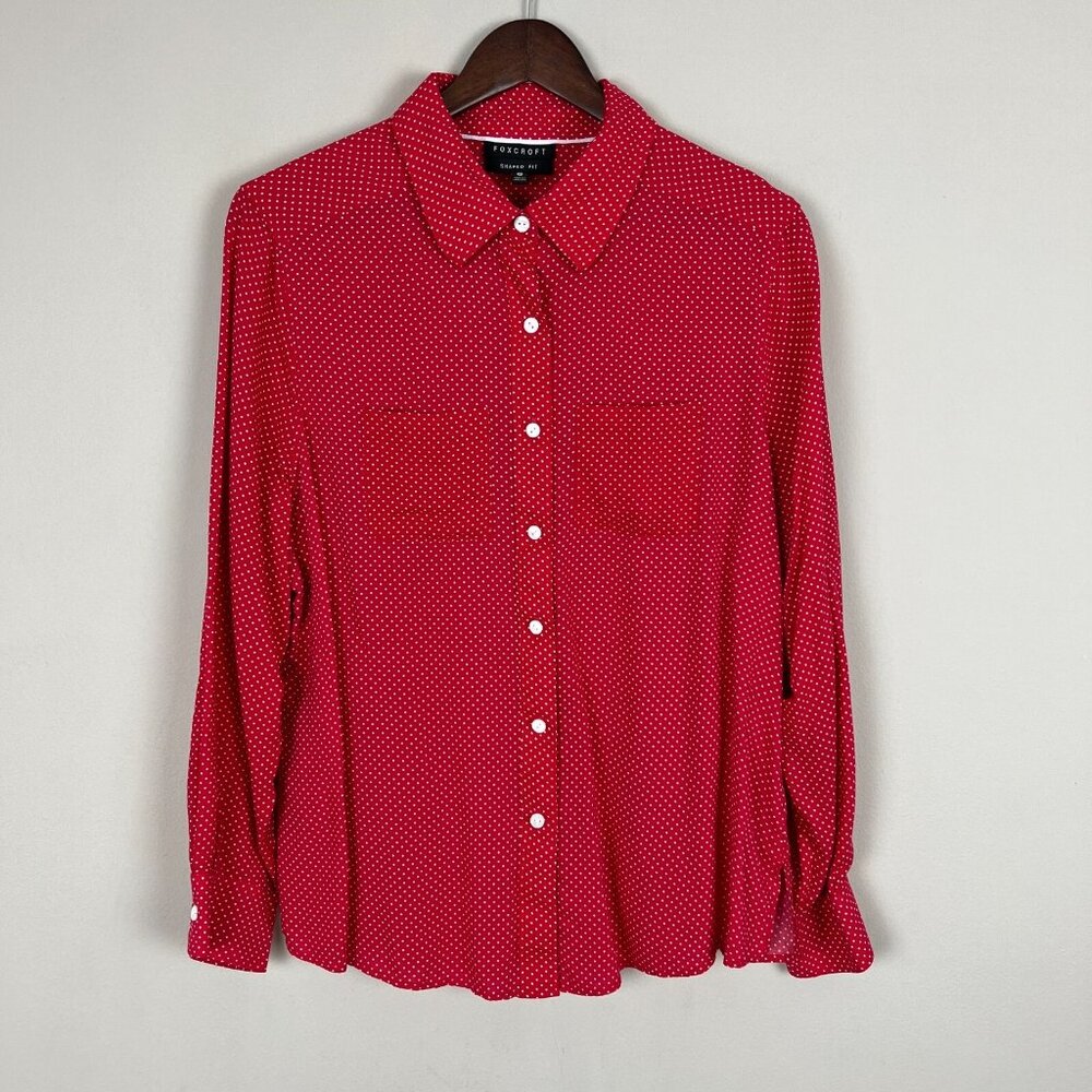 Foxcroft Shirt Womens 14W Red Shaped Fit Polka Dot Button Up Long Sleeve Spring